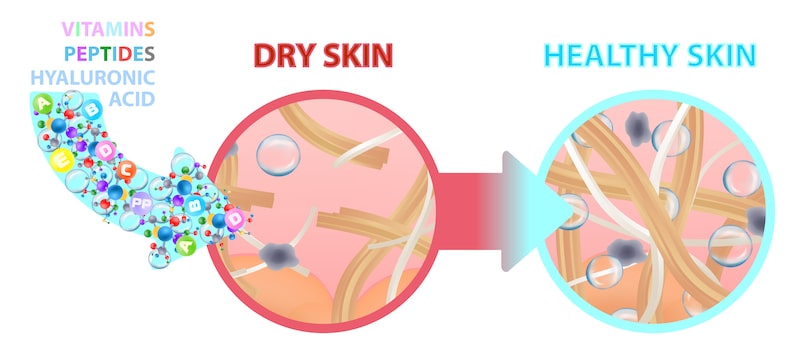 Illustration showing the before and after benefits of peptides and vitamins on skin health.